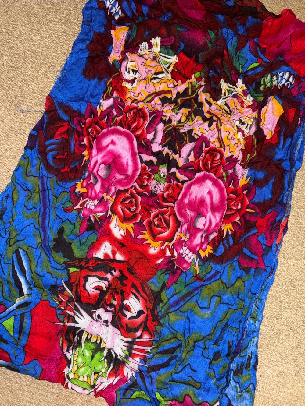 Vibrant Blue Floral & Skull Print Scarf